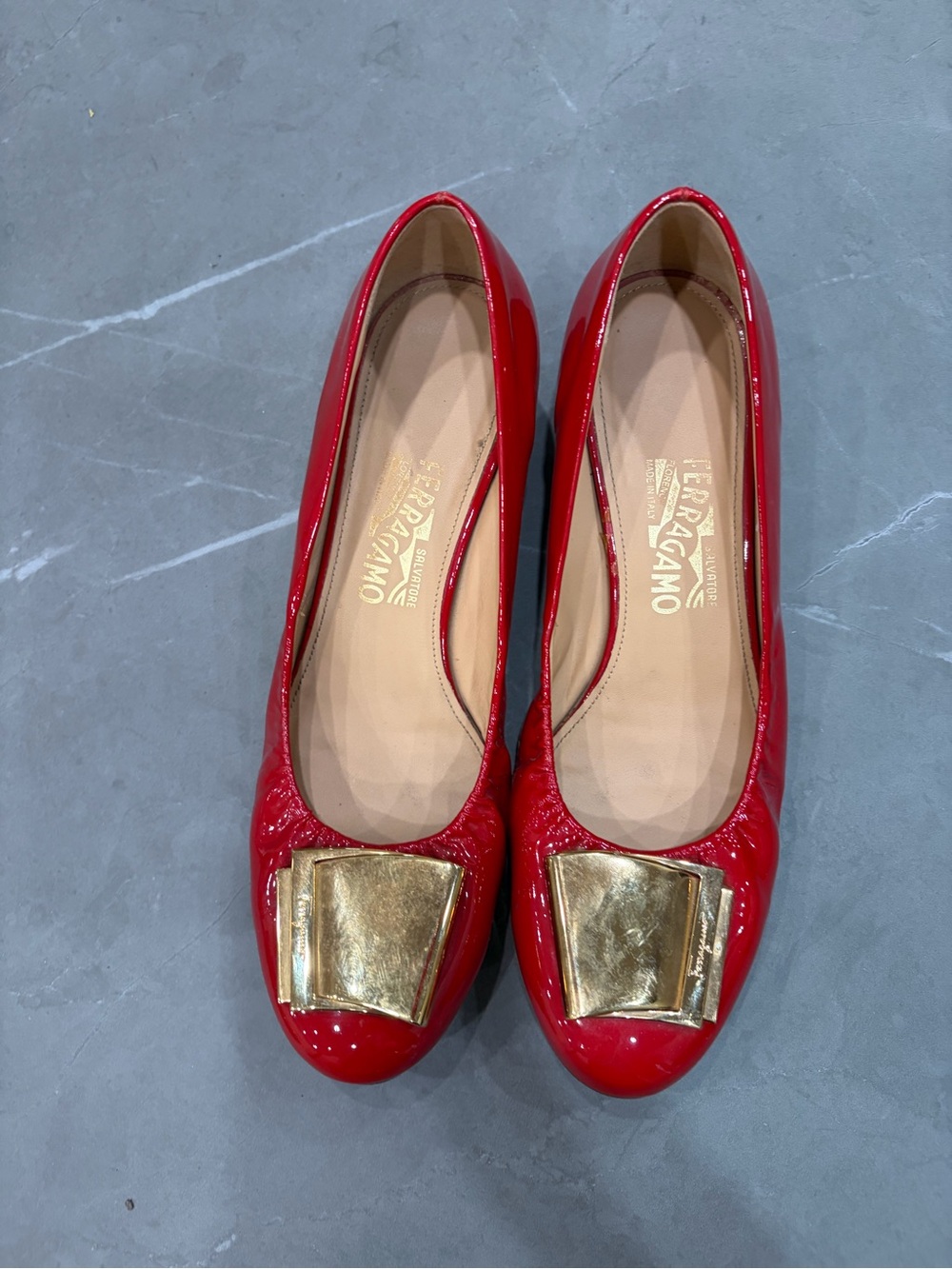 Salvatore Ferragamo Red Patent Vara Bow Flats with Gold Hardware